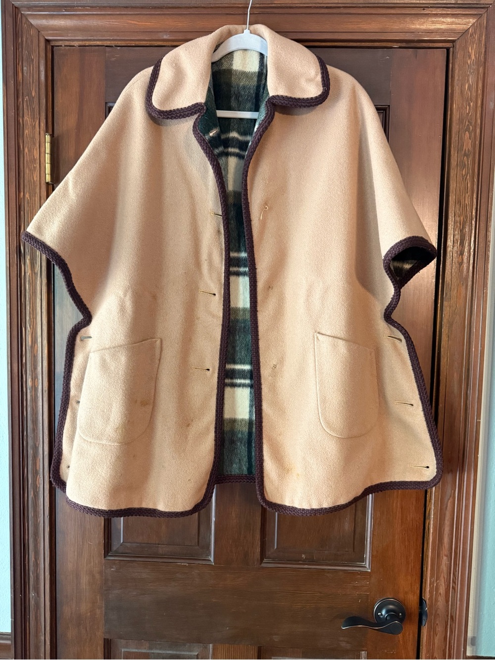 Women's Tan Cape Coat with Dark Trim and Plaid Interior